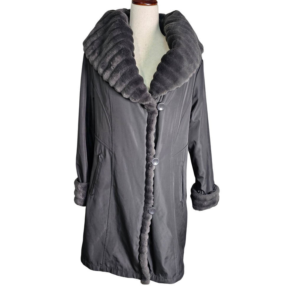 1 Madison Luxe Outerwear Women's Charcoal Gray Faux Fur Trimmed Coat Size S